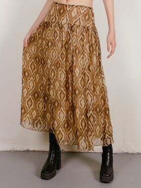 Vintage Valerie Stevens Tribal Print Silk A-Line Midi Skirt